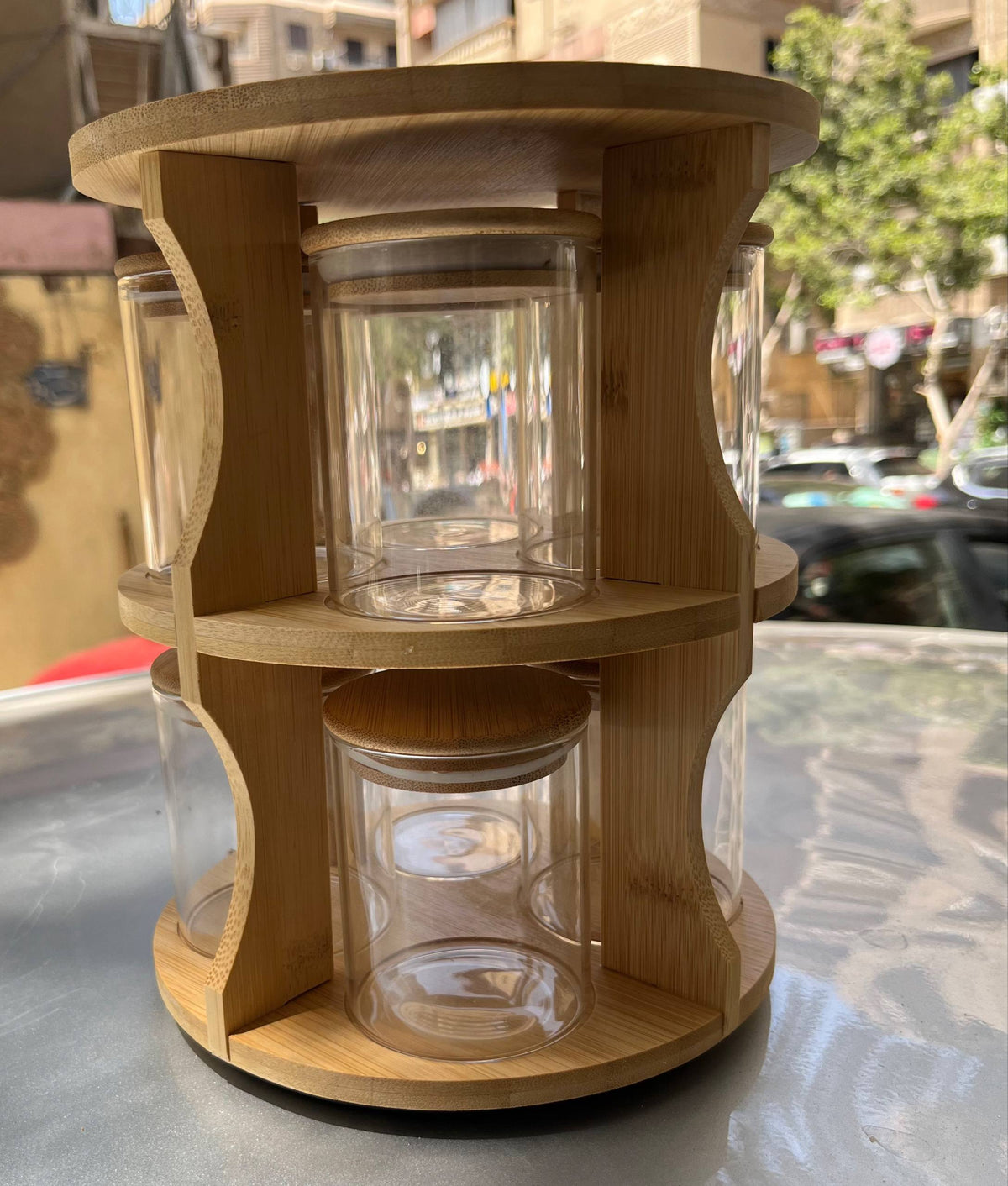 Rotating Bamboo Spice Rack with 8 Glass Jars H