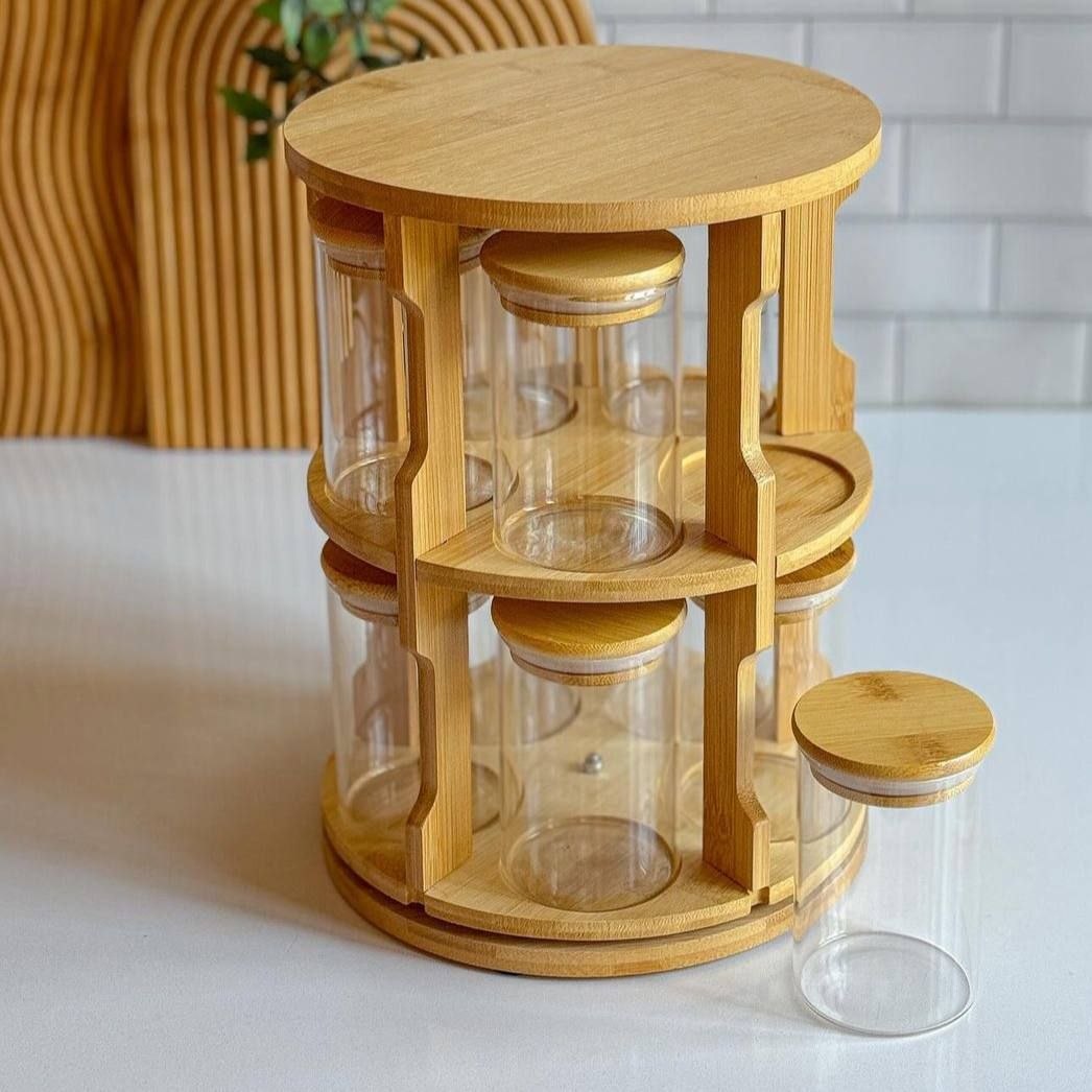 Rotating Bamboo Spice Rack with 8 Glass Jars H