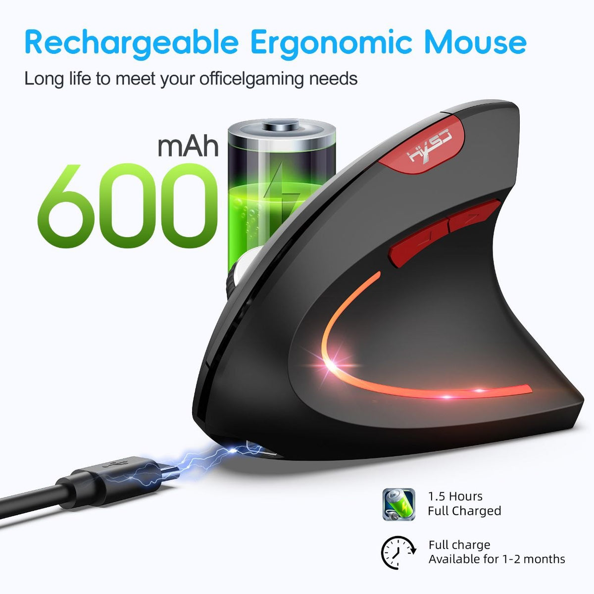 Rechargeable Wireless Ergonomic Vertical Mouse – Black