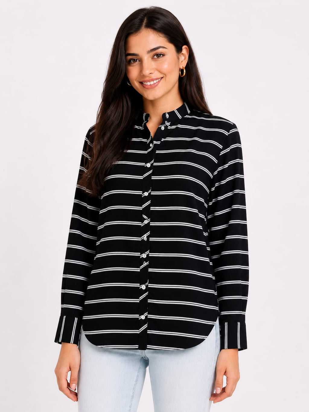 Striped Long-Sleeve Button-Up Blouse