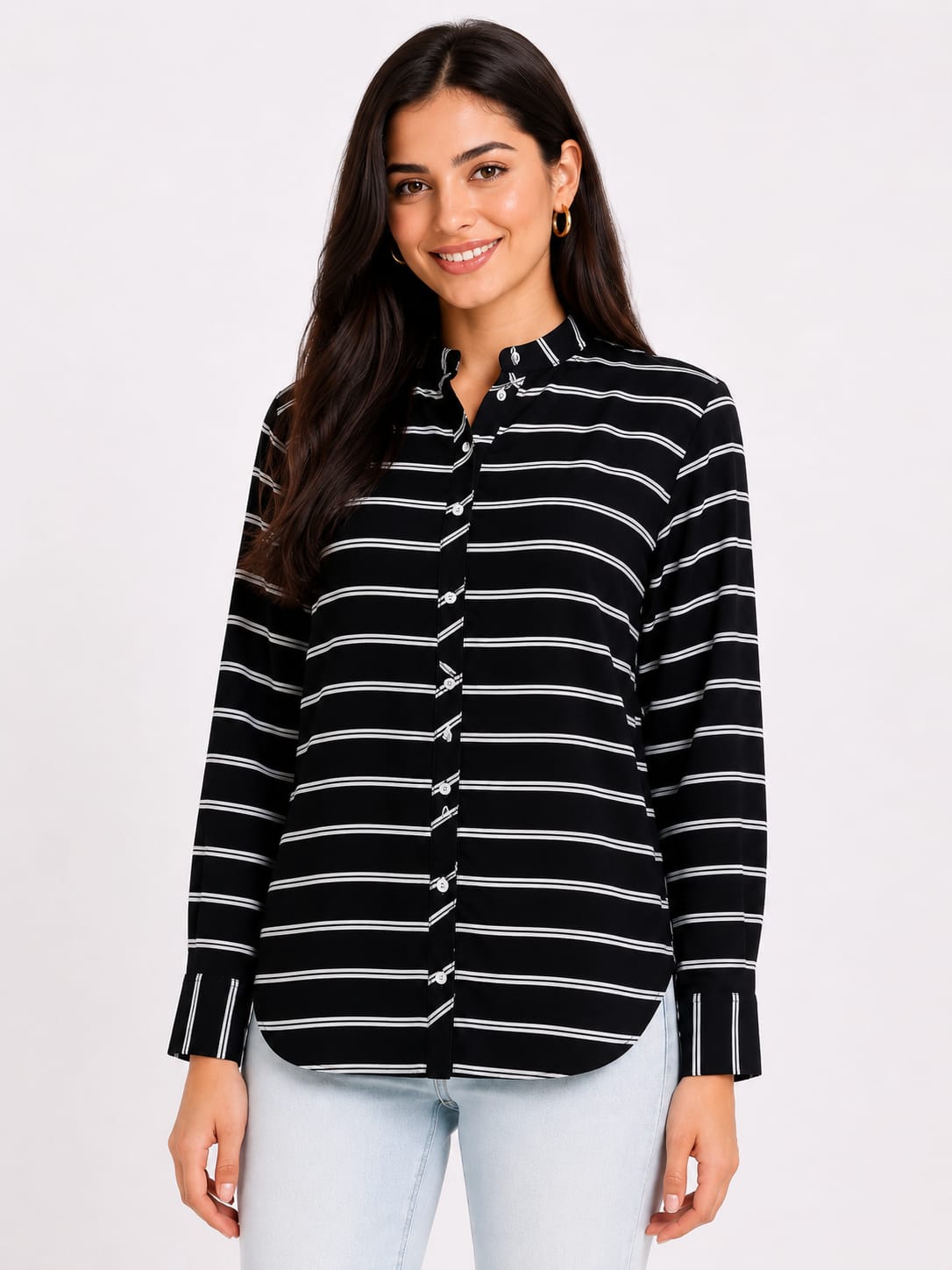 Striped Long-Sleeve Button-Up Blouse