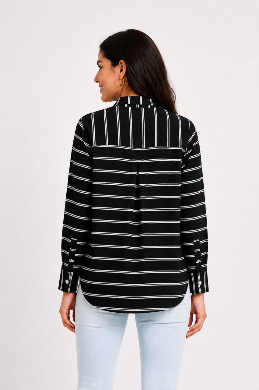 Striped Long-Sleeve Button-Up Blouse