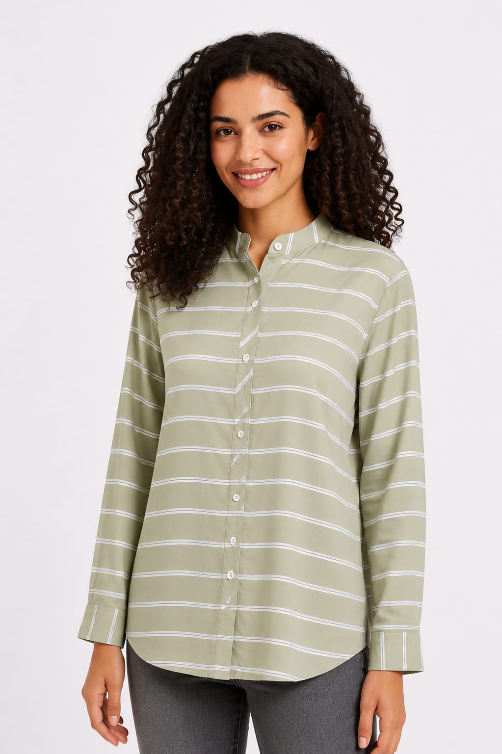 Striped Long-Sleeve Button-Up Blouse