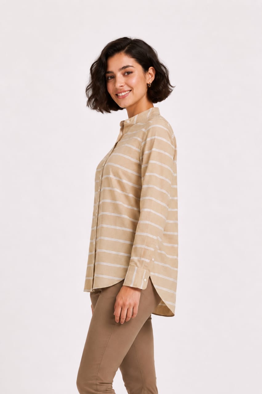 Striped Long-Sleeve Button-Up Blouse