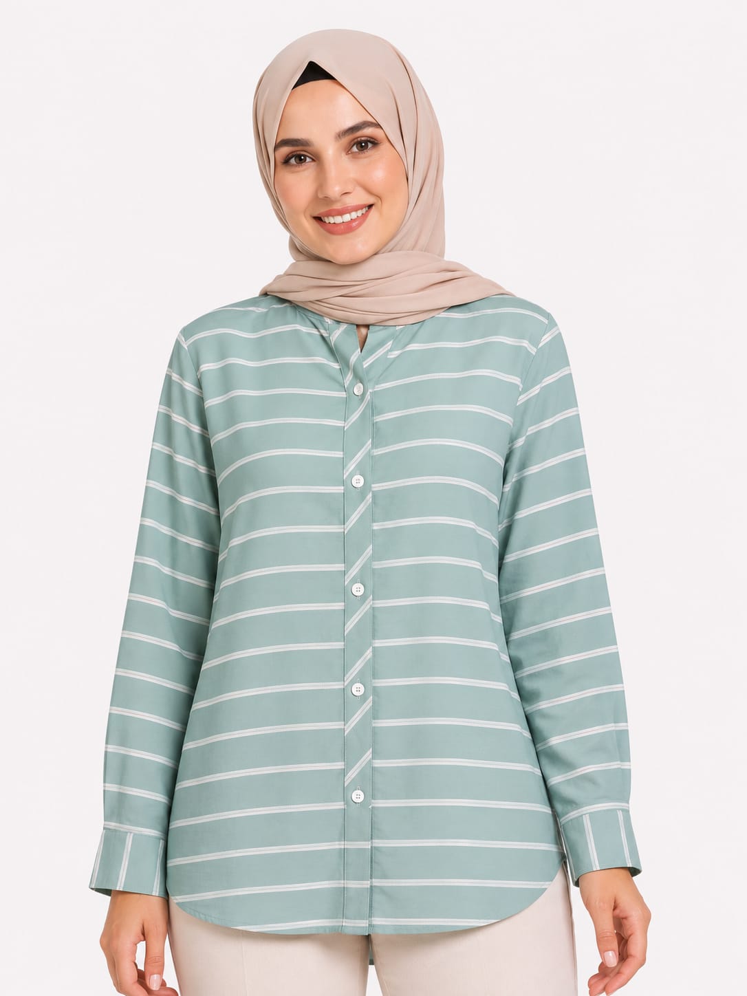 Striped Long-Sleeve Button-Up Blouse