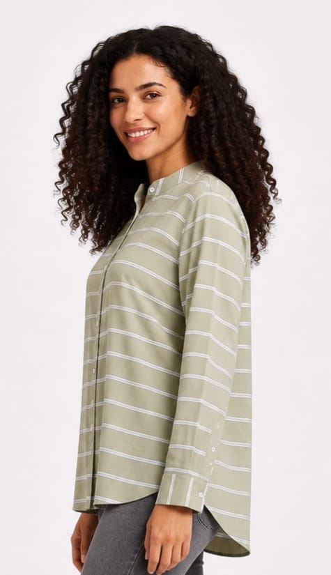 Striped Long-Sleeve Button-Up Blouse