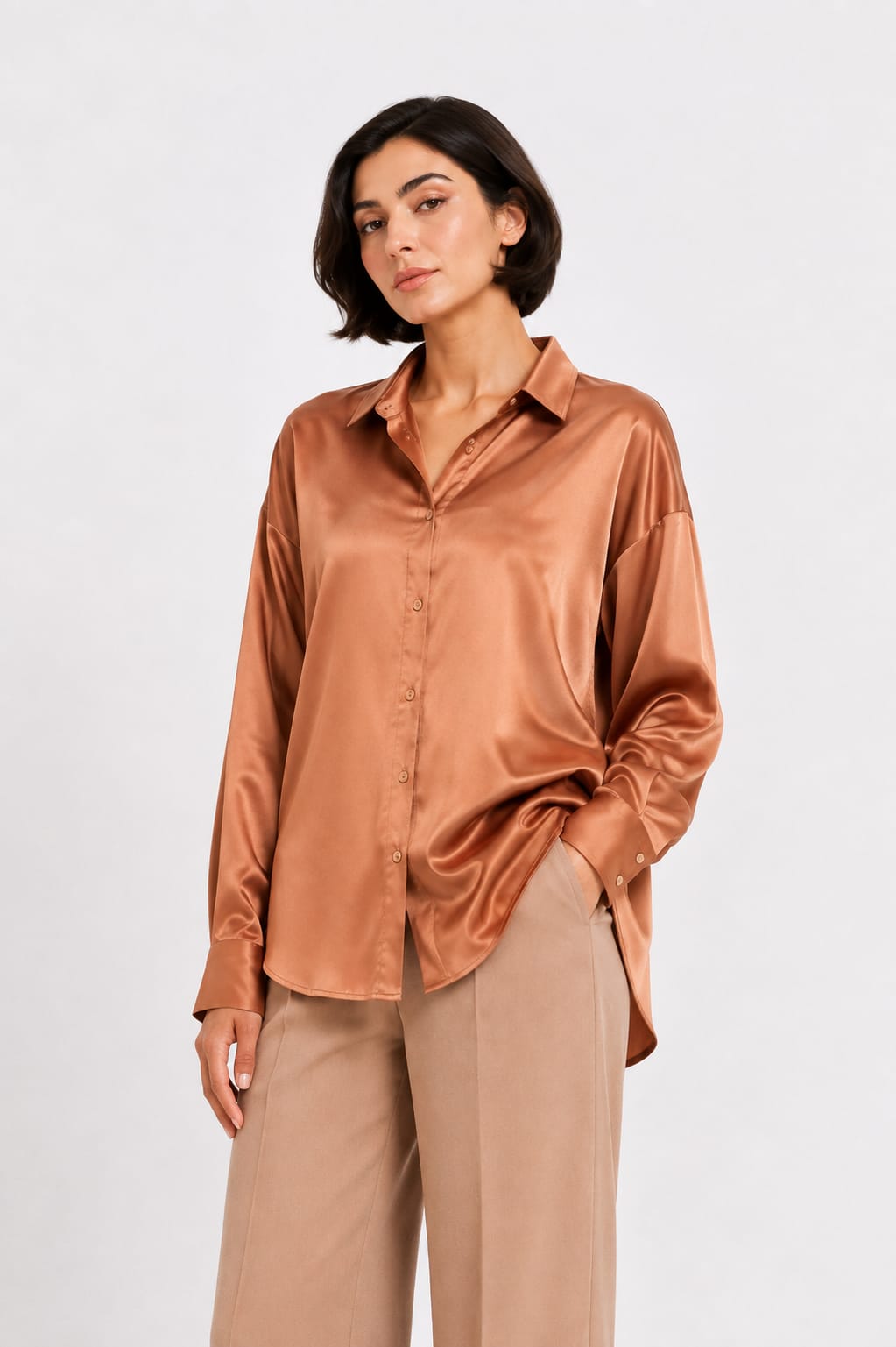 Champagne Gold Satin Button-Up Shirt