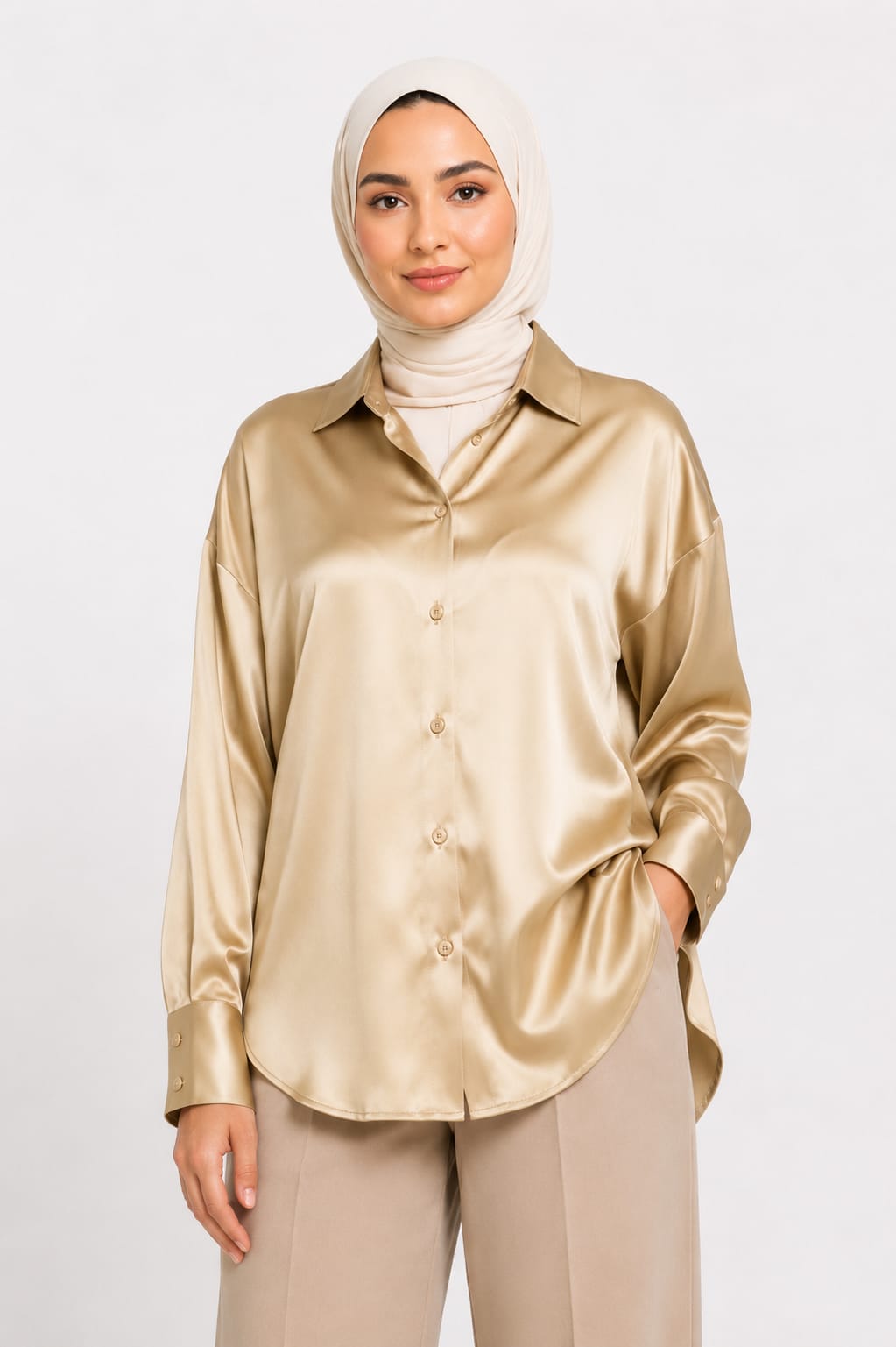 Champagne Gold Satin Button-Up Shirt