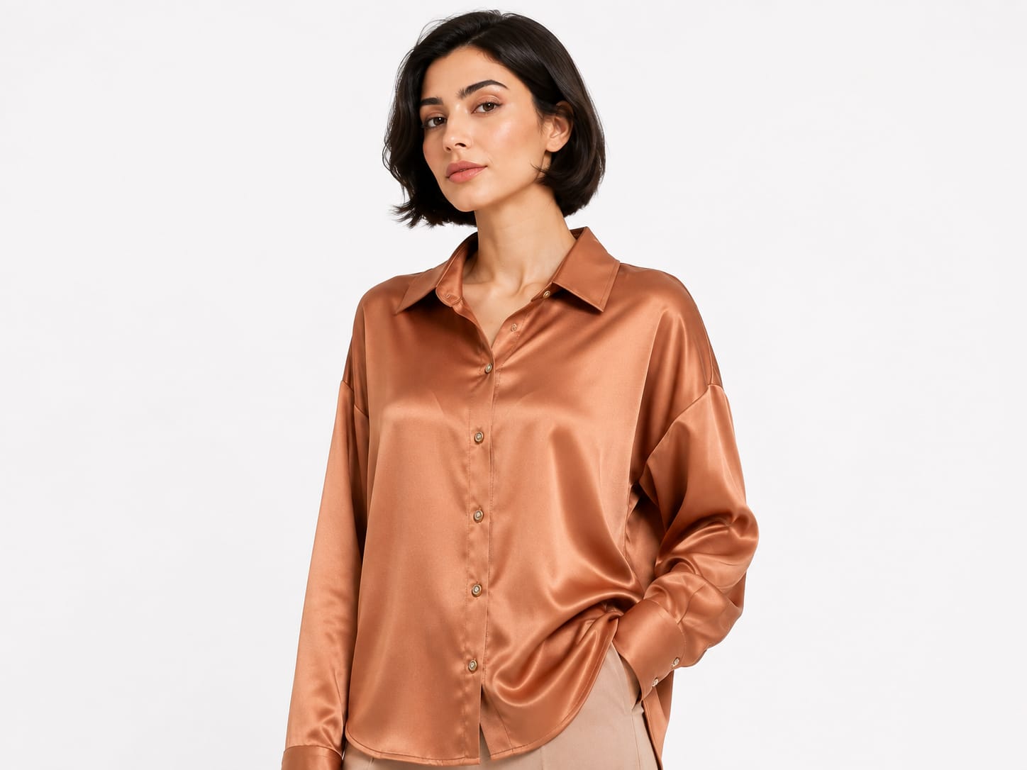 Champagne Gold Satin Button-Up Shirt