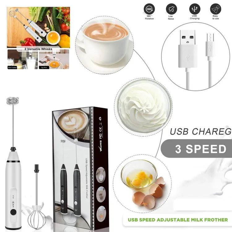Rechargeable Milk Frother and Egg Beater with 2 Attachments H
