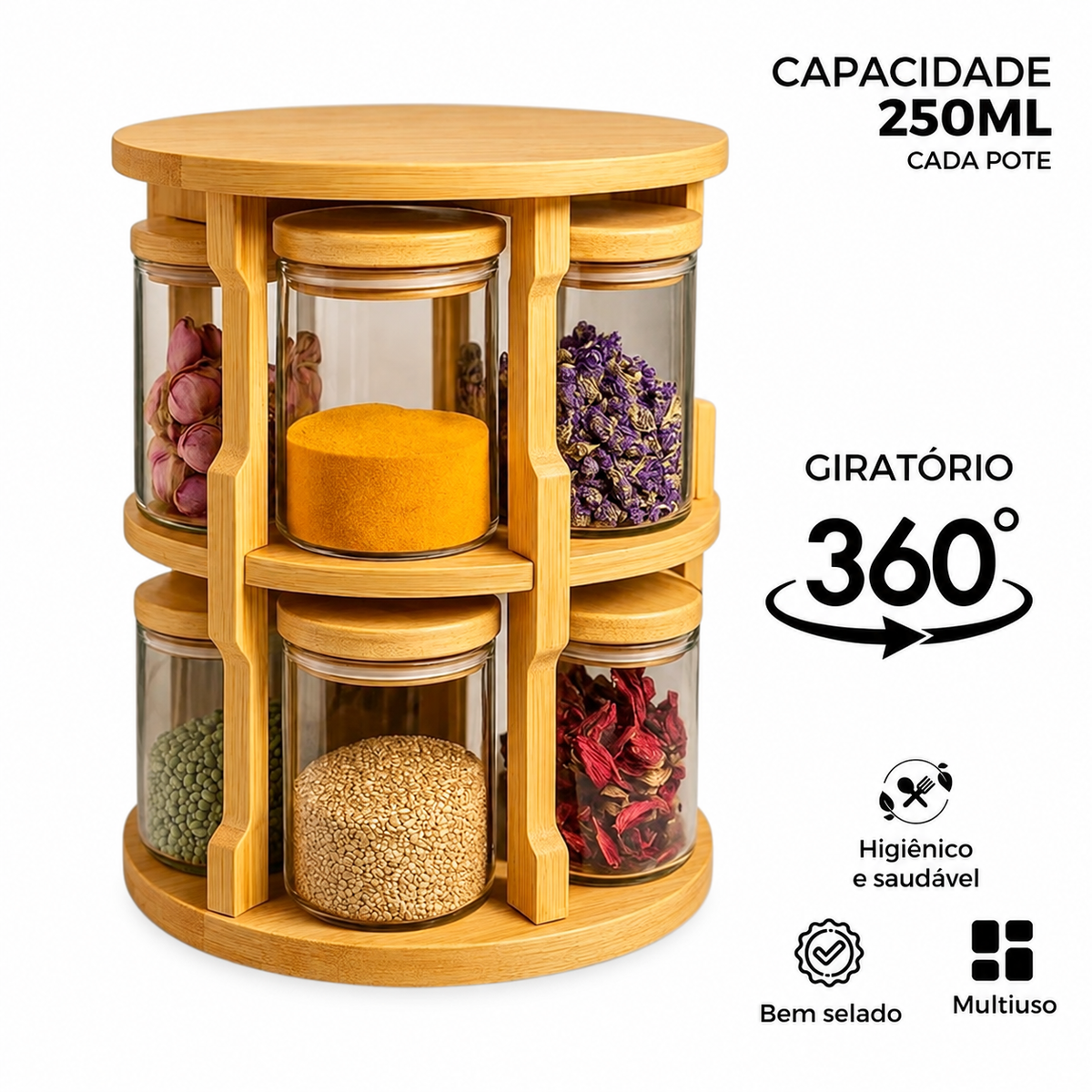 Rotating Bamboo Spice Rack with 8 Glass Jars H
