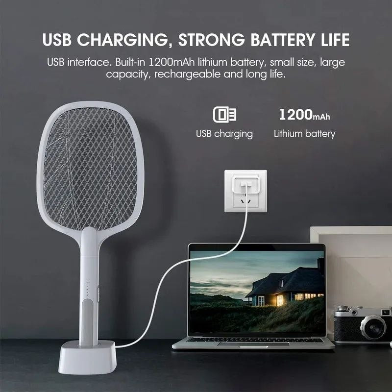 مضرب بعوض كهربائي 2 في 1 مع حامل وشحن USB-C K