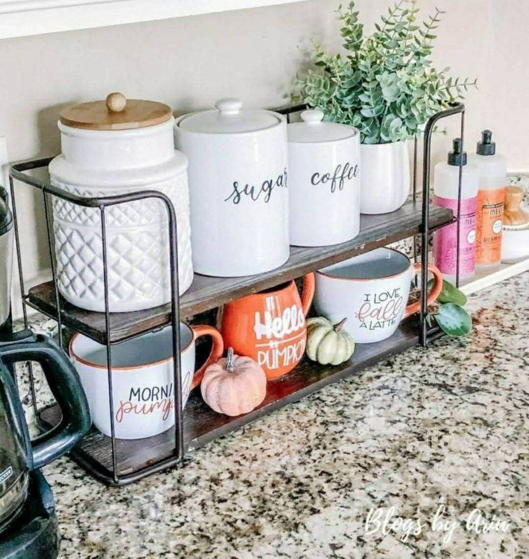 Coffee Rack Metal Stand with 2 Wooden Shelves