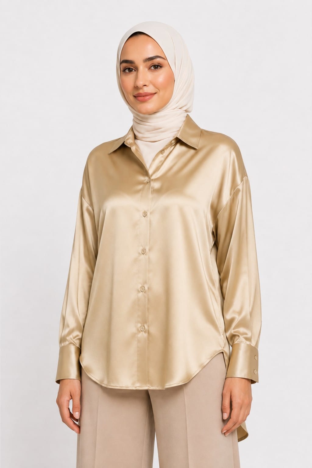 Champagne Gold Satin Button-Up Shirt
