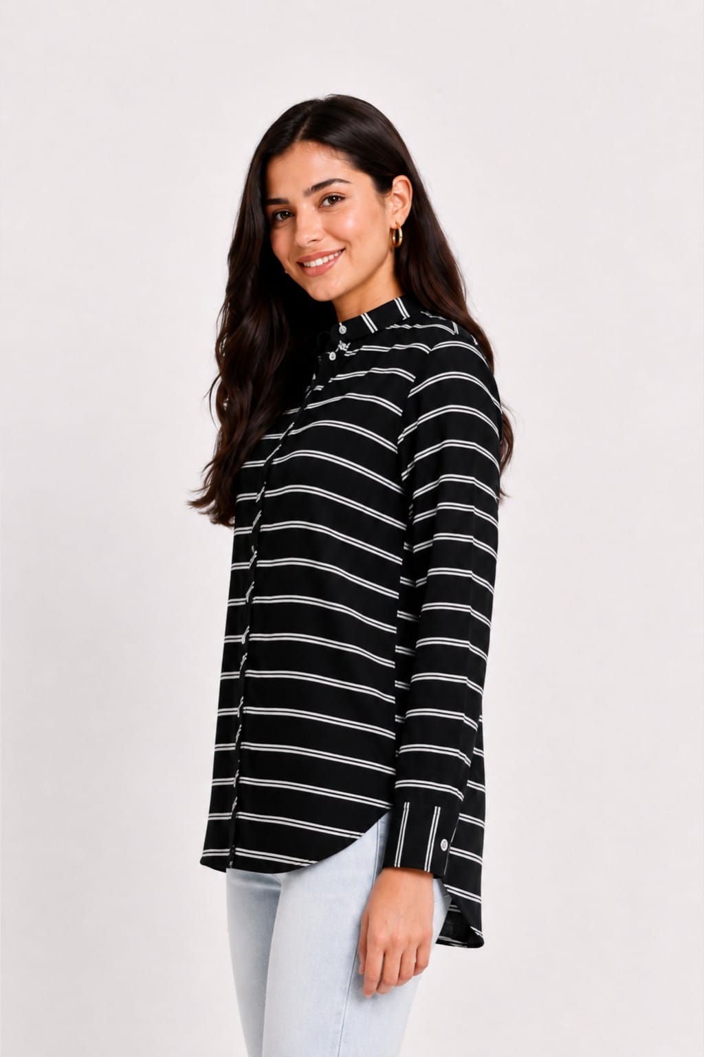 Striped Long-Sleeve Button-Up Blouse